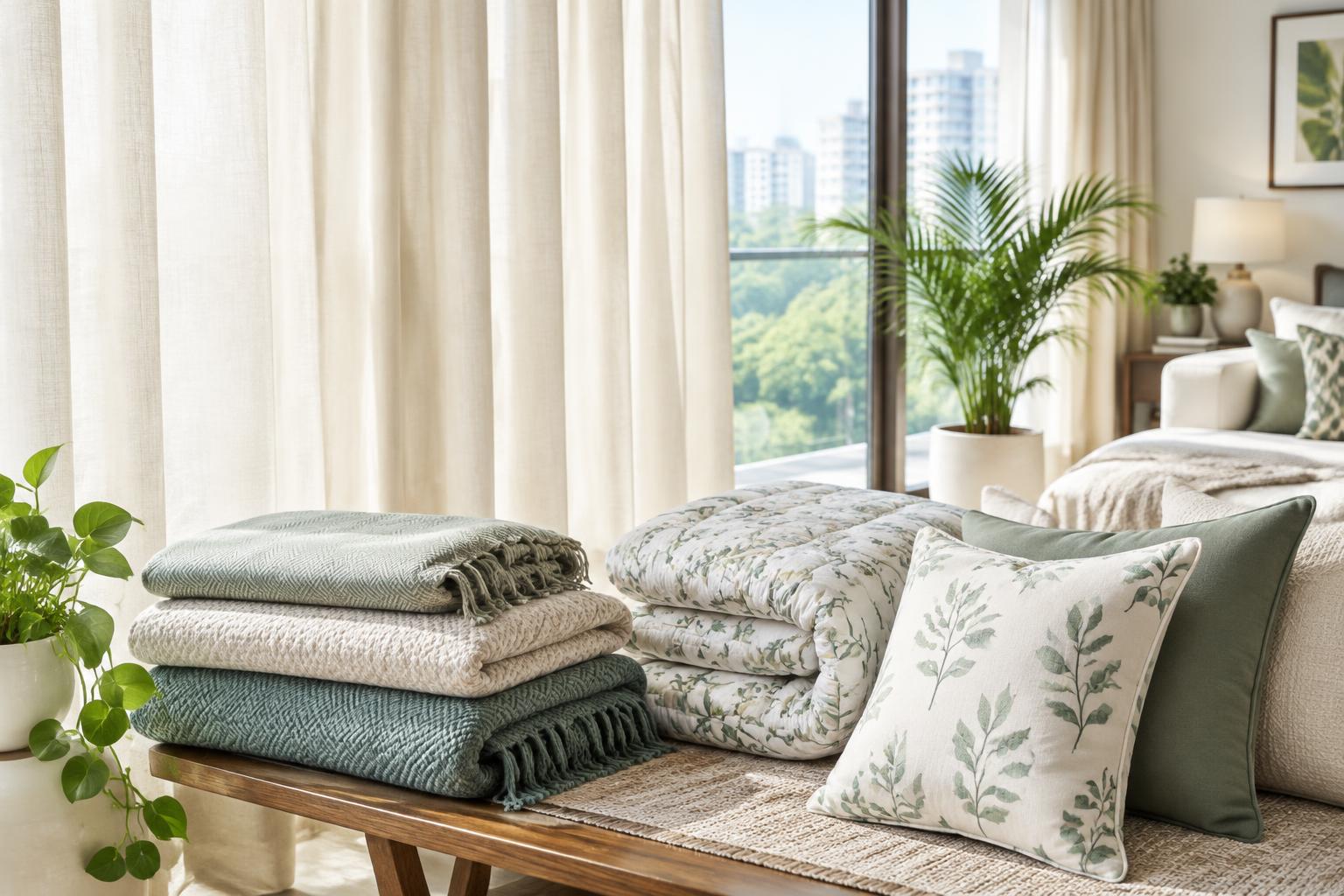 Fresh curtains and neatly folded home linens